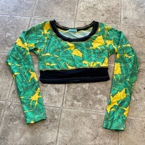 Letarte Green Yellow Palm Crop Long Sleeve Top sz S